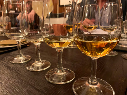 Bain's Cape Mountain Whisky, aged five years in first-fill ex-bourbon barrels, far right. Compare its deeper, richer hue to the two whiskies aged just three years, to the left.